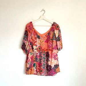 NWT LOFT Pink Orange Floral Patchwork Mix Print Blouse Top Size XL Colorful Boho